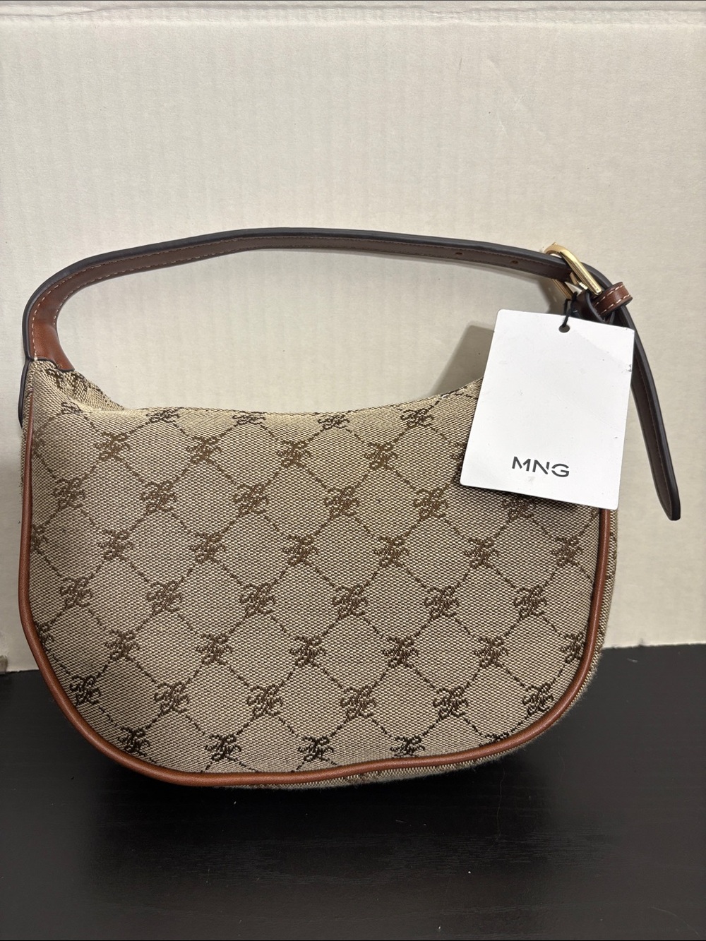 Mango Beige Monogram Shoulder Bag with Brown Trim SMALL JACQUARD SHOULDER BAG - Picture 2 of 6